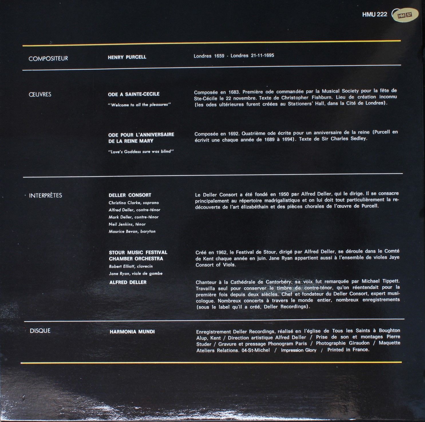 Harmonia Mundi HMU 222 - Henry Purcell, Deller Consort, Stour Mu - Image 2