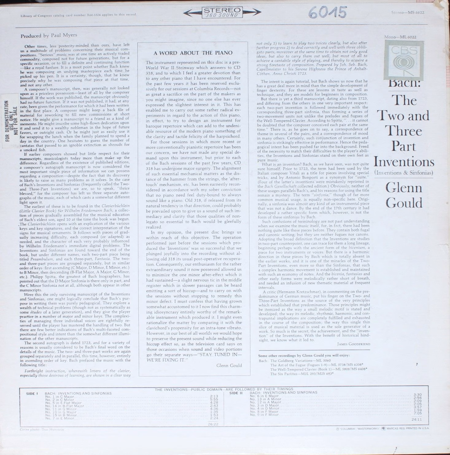 Columbia Masterworks MS 6622 - Glenn Gould, Johann Sebastian Bac - Image 2
