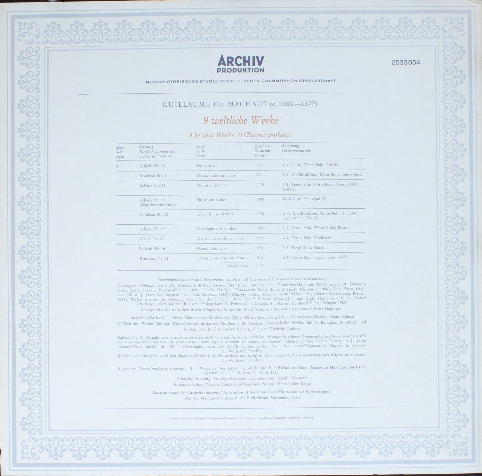 Archiv Produktion 2533 054 - Guillaume de Machaut, Friedreich Me - Image 2