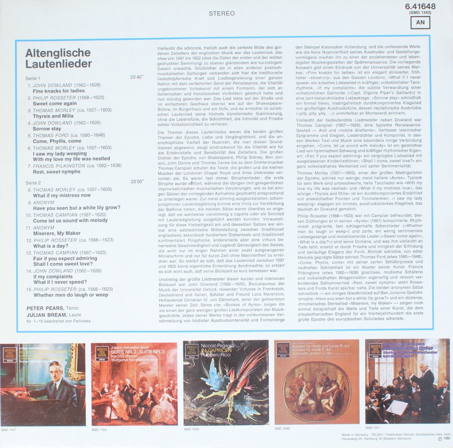 DECCA 6.41648 - John Dowland, Thomas Morley, Thomas Campion, Pet - Image 2