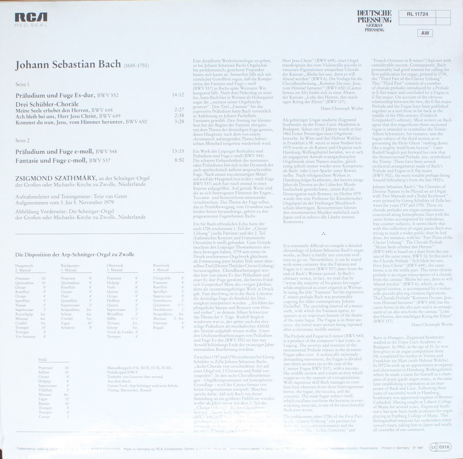 RCA RL 11724 - Johann Sebastian Bach, Zsigmond Szathmáry - Orgel - Image 2