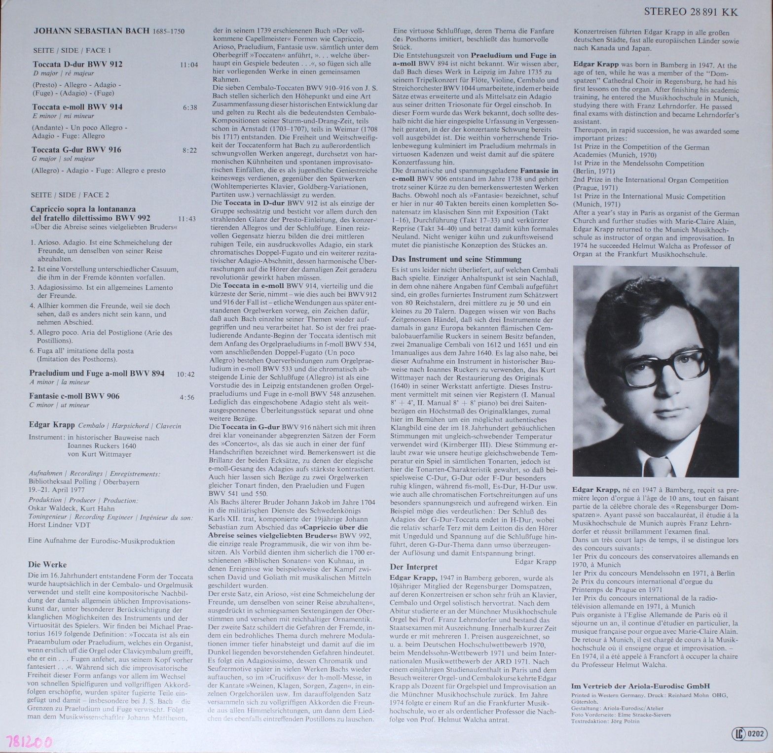 Eurodisc 28 891 KK - Johann Sebastian Bach, Edgar Krapp - Toccat - Image 2