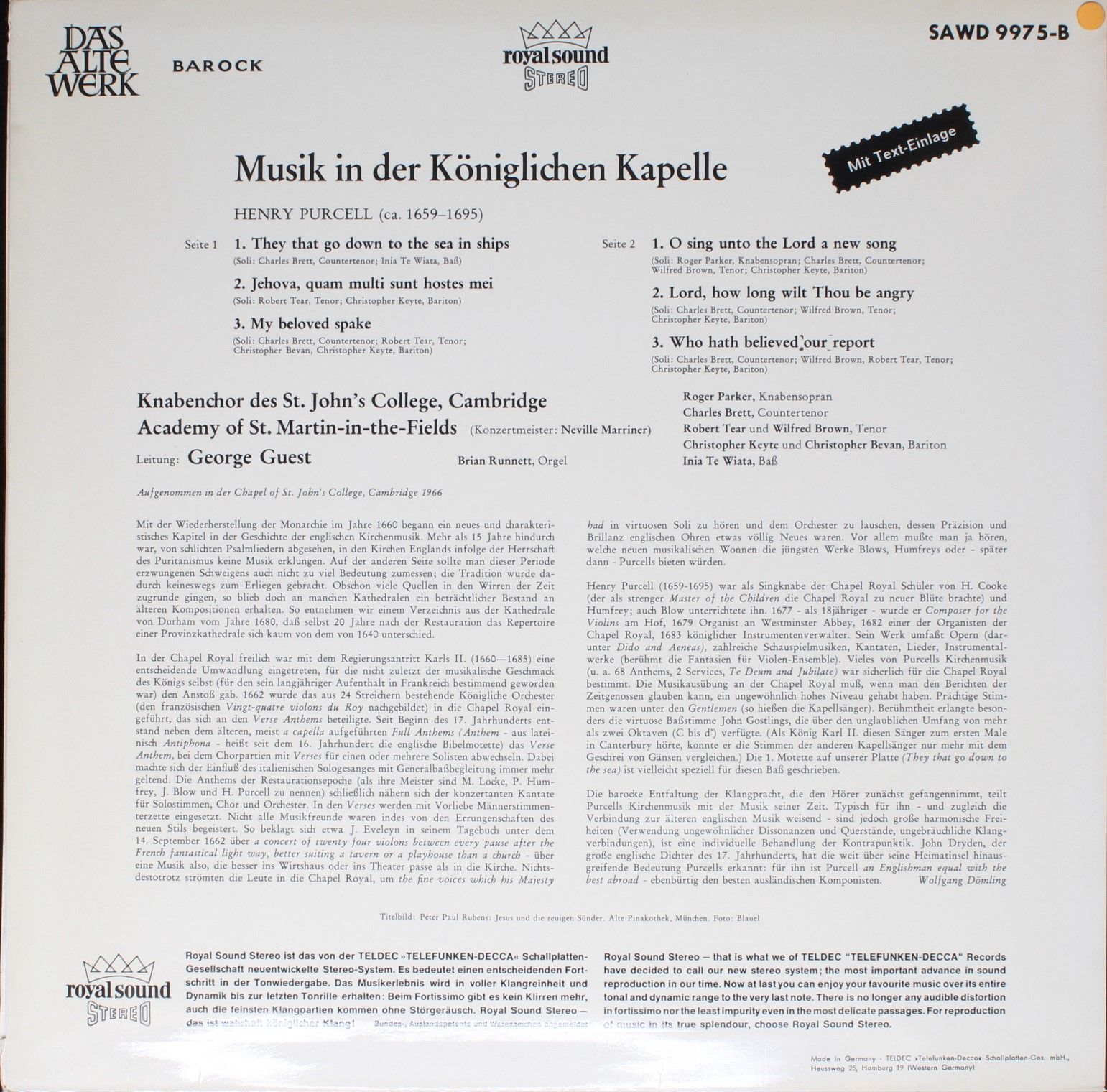 DECCA SAWD 997 5-B - Henry Purcell, St. John's College Choir - M - Image 2