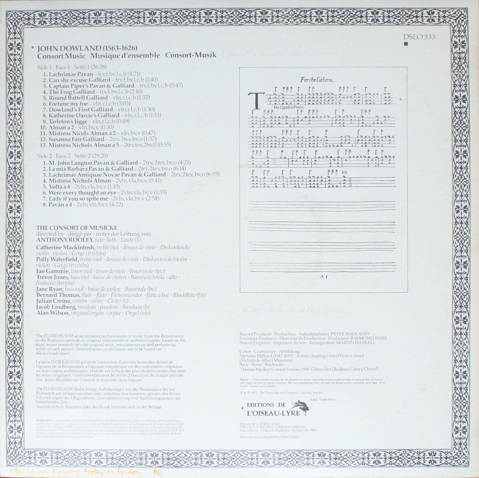 L'Oiseau-Lyre DSLO 533 - John Dowland, The Consort Of Musicke - - Image 2