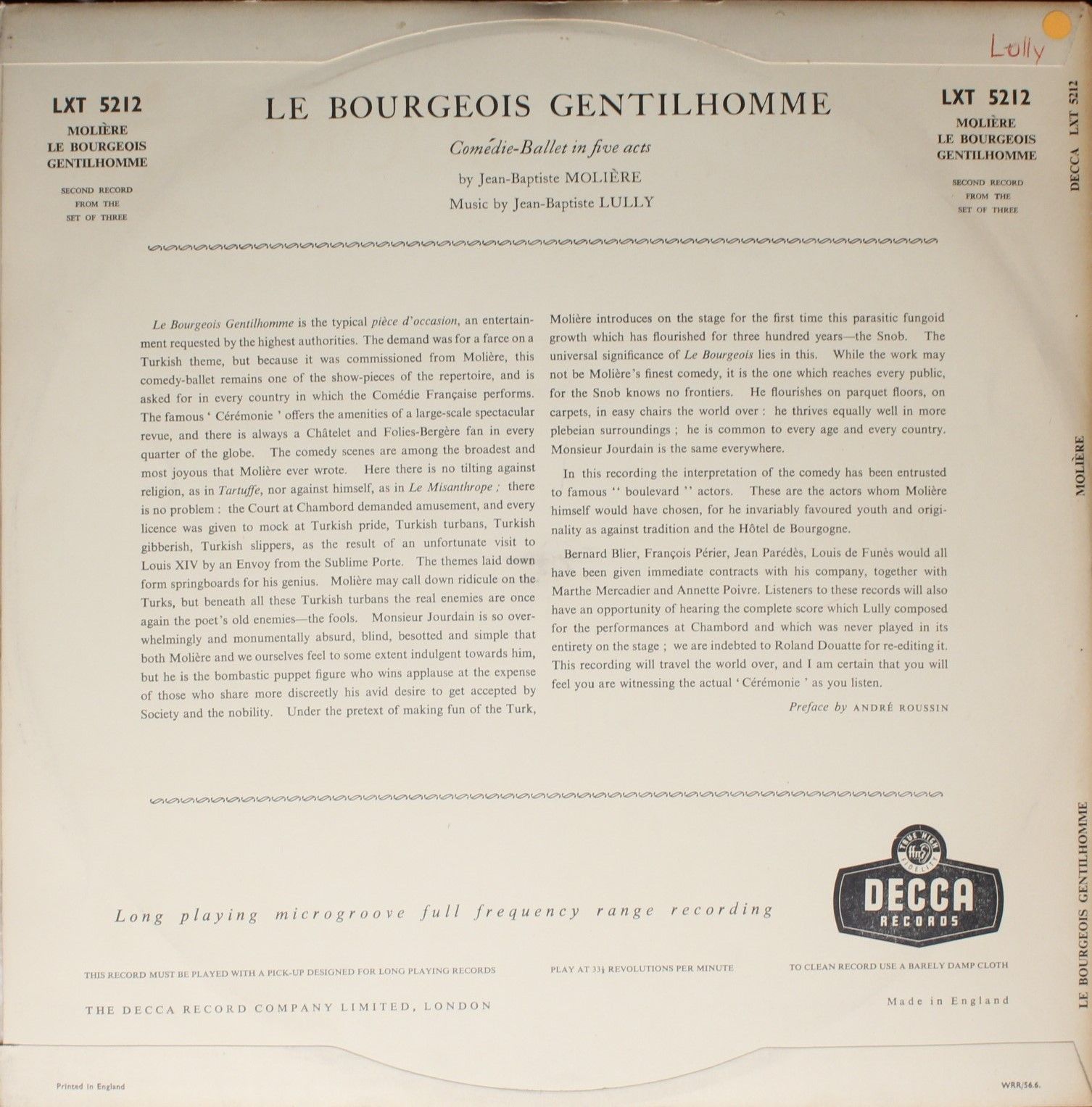 DECCA LXT 5211-3 - Molière, Jean-Baptiste Lully - Le Bourgeois G - Image 4