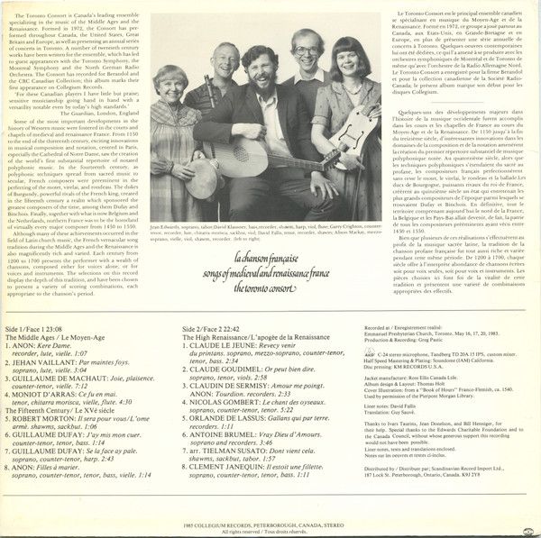 Collegium Records (3) COL83 03 - Toronto Consort - la Chanson Fr - Image 2