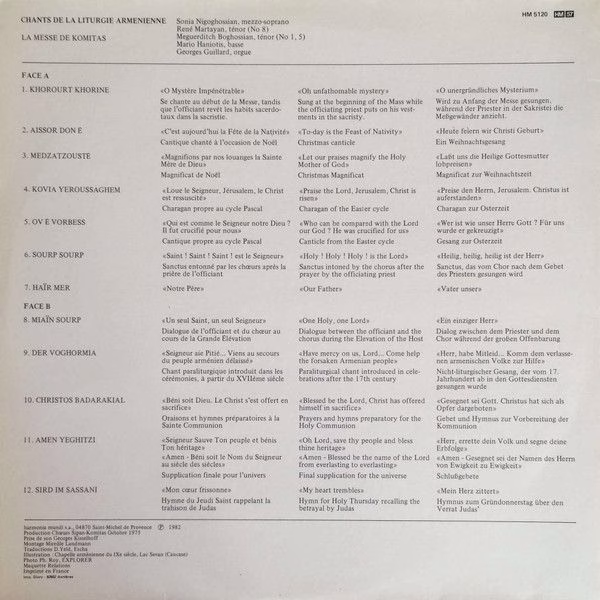 Harmonia Mundi HM 5120 - Choeurs Sipan-Komitas De Paris, Garbis - Image 2