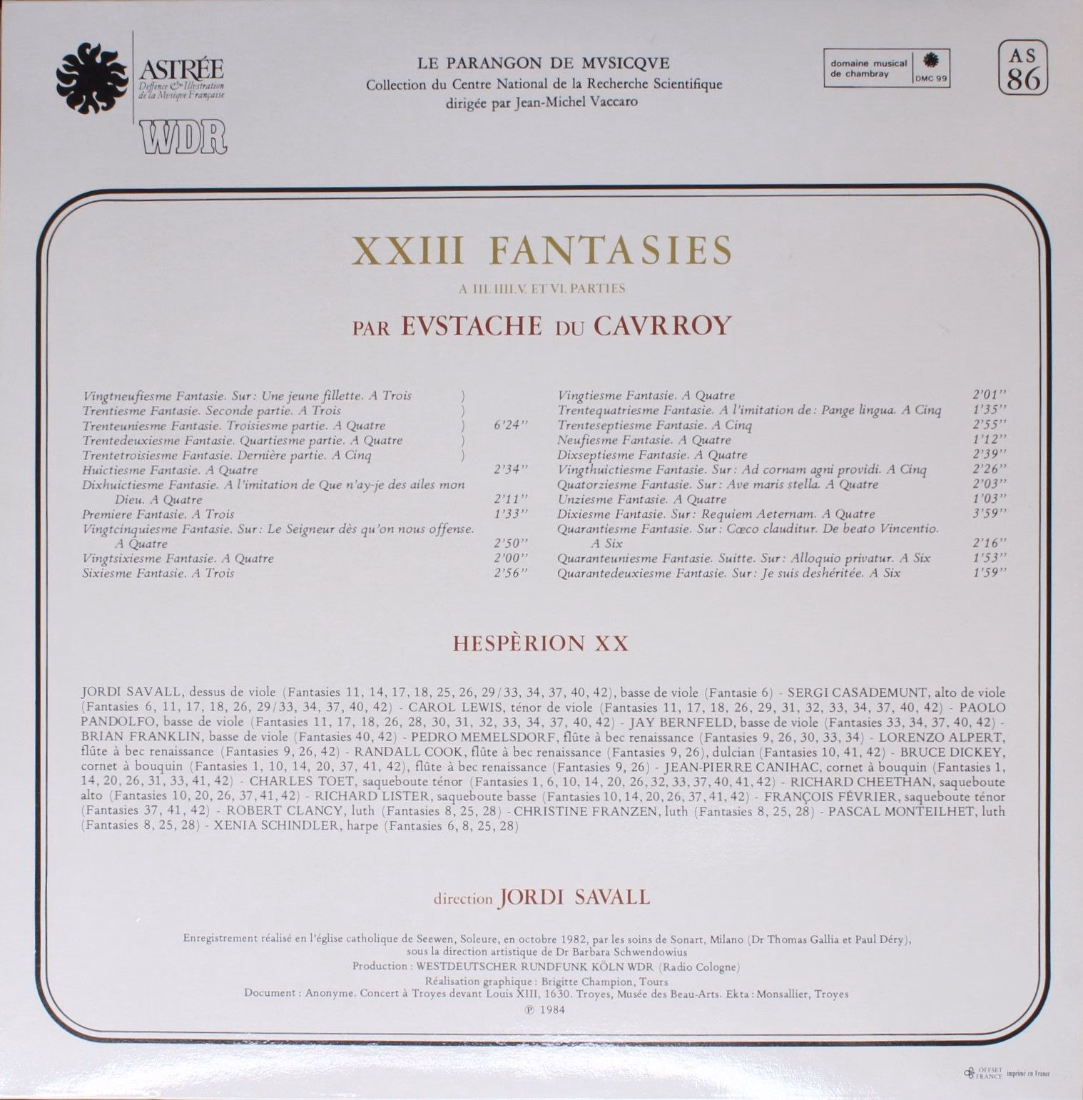 Astree AS 86 - Eustache Du Caurroy, Hespèrion XX, Jordi Savall - - Image 2