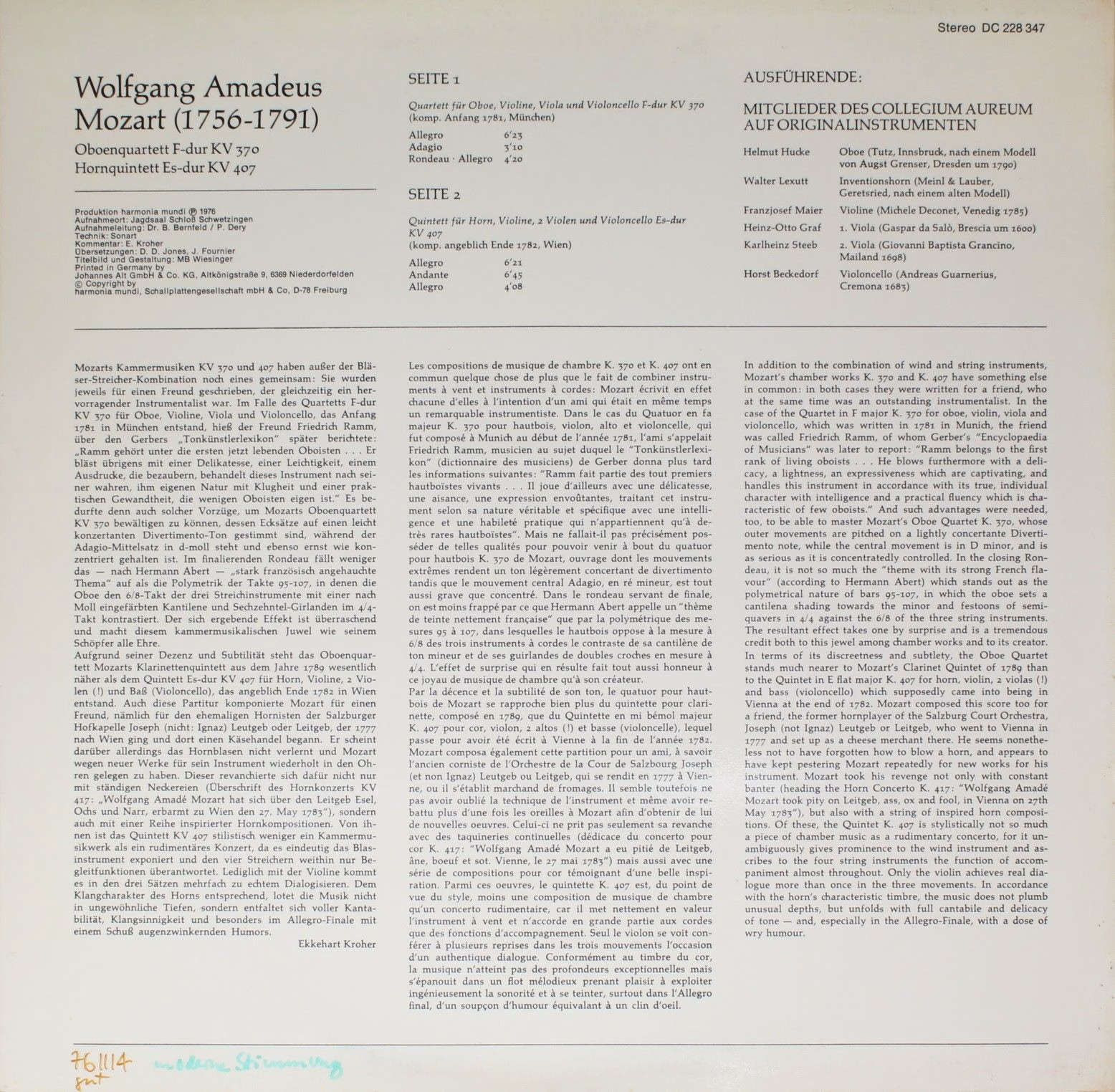 BASF DC 228 347 - Wolfgang Amadeus Mozart, Collegium Aureum - Ob - Image 2