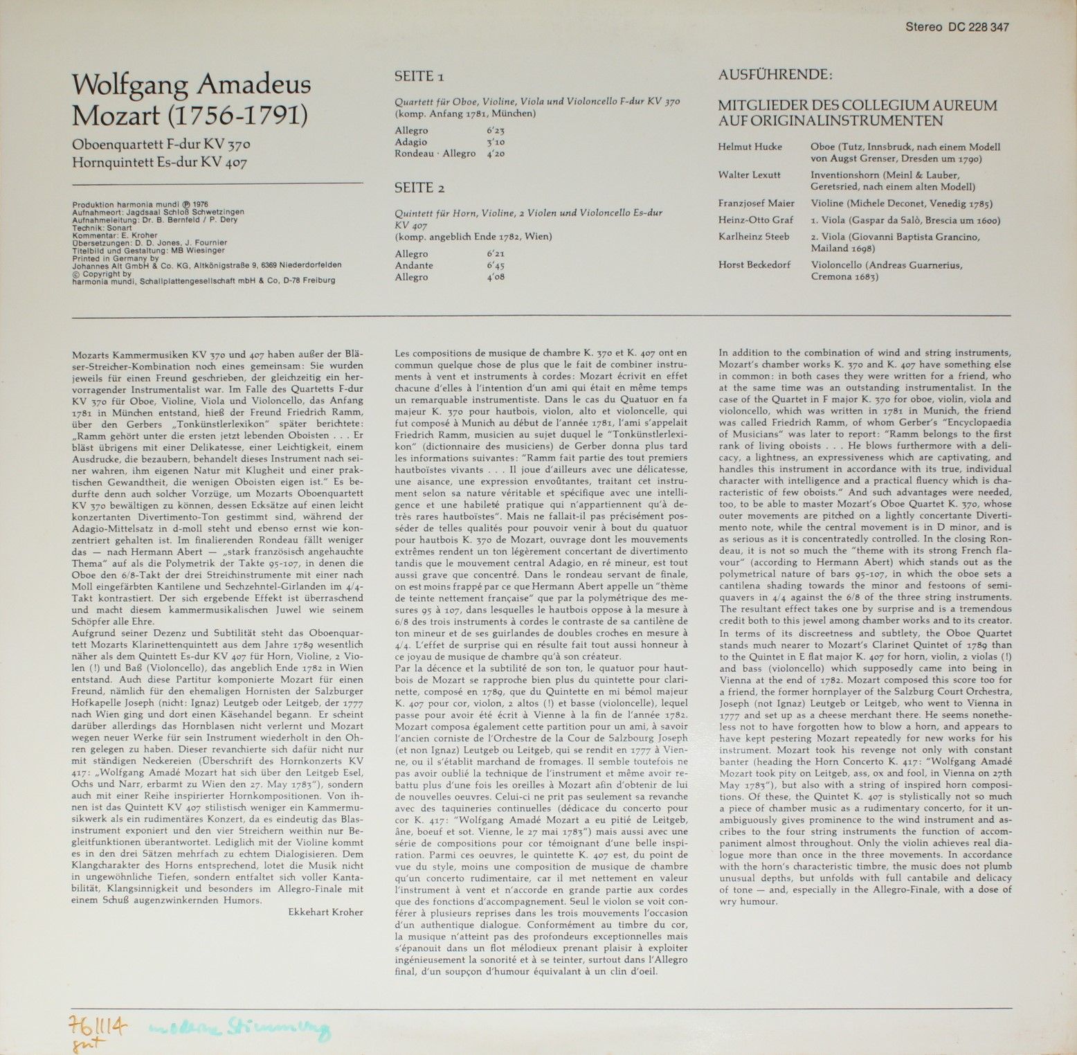 BASF DC 228 347 - Wolfgang Amadeus Mozart, Collegium Aureum - Ob - Image 2