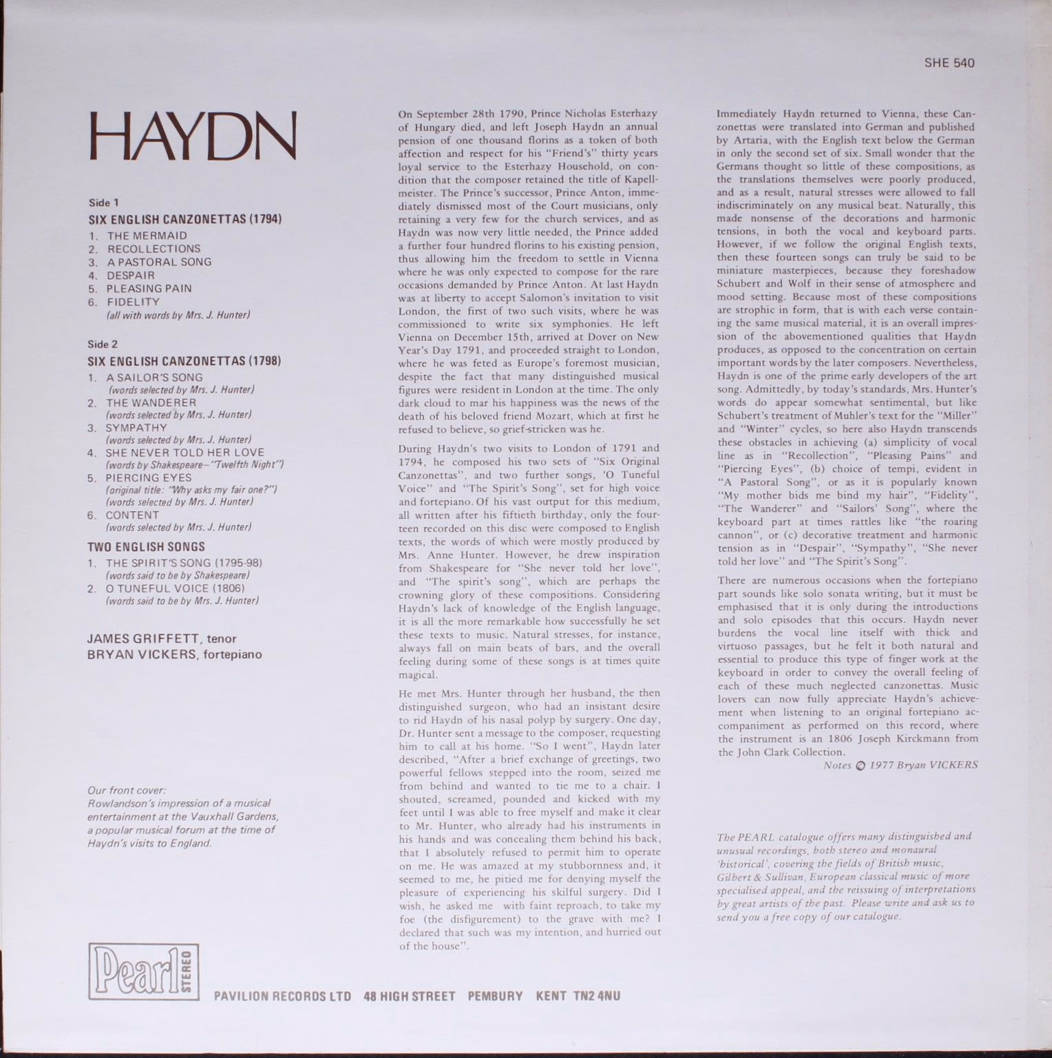 Pearl SHE 540 - Joseph Haydn, James Griffett, Bryan Vickers - Th - Image 2