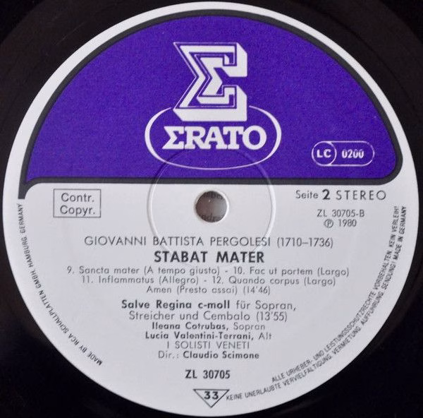 Erato ZL 30705 - Giovanni Battista Pergolesi - Stabat Mater Sal - Image 3