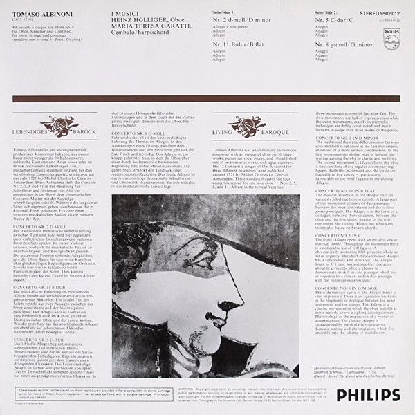 Philips 9502 012 - Tomaso Albinoni, I Musici, Heinz Holliger - 4 - Image 2