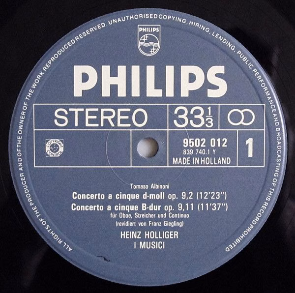 Philips 9502 012 - Tomaso Albinoni, I Musici, Heinz Holliger - 4 - Image 3