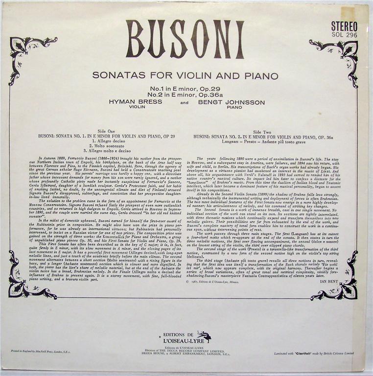 L'Oiseau-Lyre SOL 296 - Ferruccio Busoni, Hyman Bress, Bengt Joh - Image 2