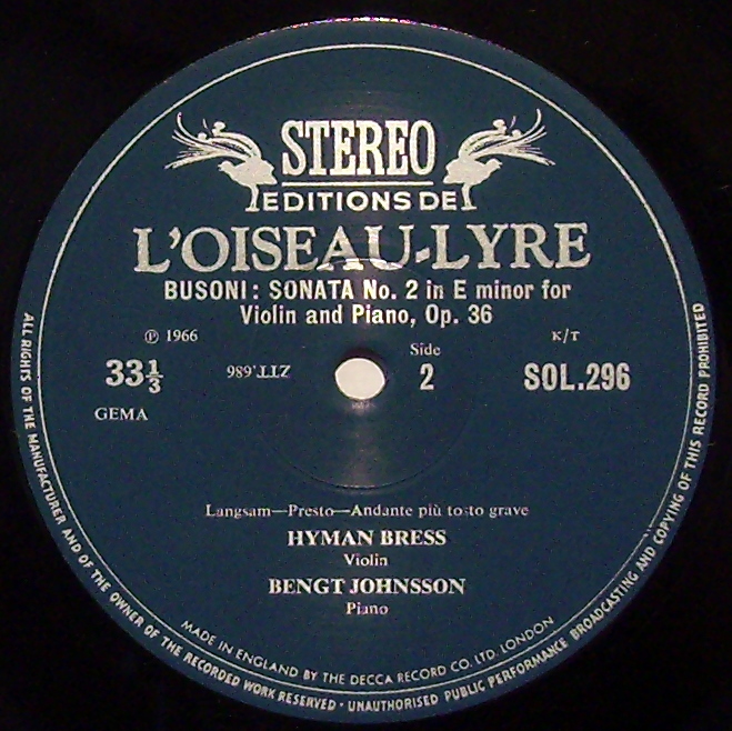 L'Oiseau-Lyre SOL 296 - Ferruccio Busoni, Hyman Bress, Bengt Joh - Image 3