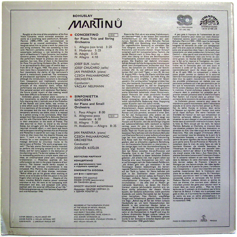 Supraphon 1410 2198 - Bohuslav Martinů, Josef Suk, Josef Chuchro - Image 2