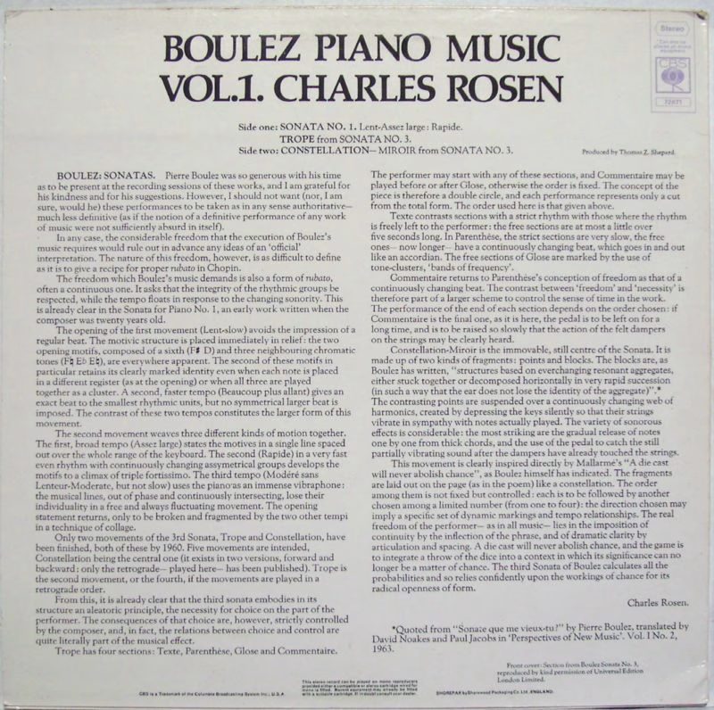 CBS 72871 - Pierre Boulez, Charles Rosen - Piano Music Vol.1. - Image 2