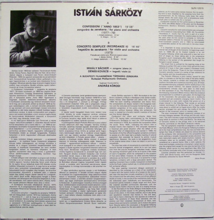 Hungaroton SLPX 12515 - Istvan Sarkozy - Confessioni / Concerto - Image 2