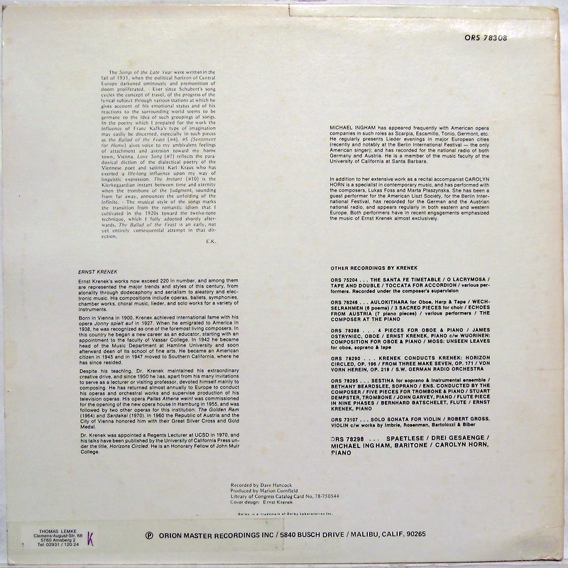 Orion ORS 78308 - Ernst Krenek - Gesaenge Des Spaeten Jahres, So - Image 2
