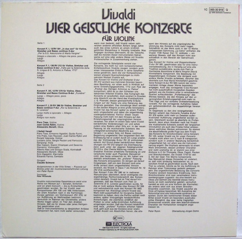 His Master's Voice 1 C065-30 919 - Antonio Vivaldi, I Solisti Ve - Image 2