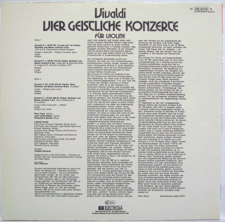 His Master's Voice 1 C065-30 919 - Antonio Vivaldi, I Solisti Ve - Image 2