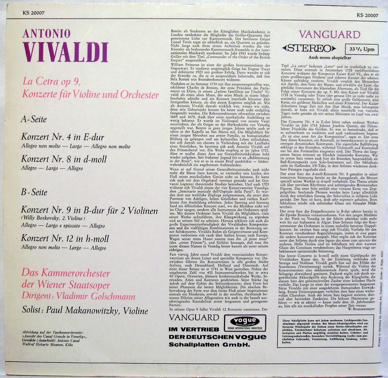 Vanguard KS 20007 - Antonio Vivaldi - La Cetra Op.9, Konzerte Fü - Image 2