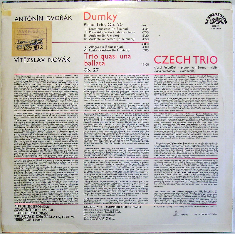 Supraphon 1111 1089 - Antonín Dvořák, Vítězslav Novák, Czech Tri - Image 2