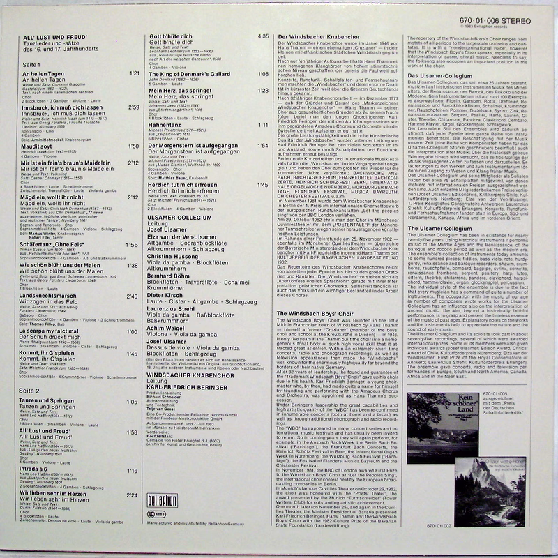 Bellaphon 670 01 006 - Windsbacher Knabenchor, Ulsamer Collegium - Image 2