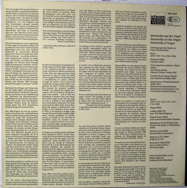 Schwann Musica Mundi VMS 2047 - Igor Stravinsky, Oskar Gottlieb - Image 2