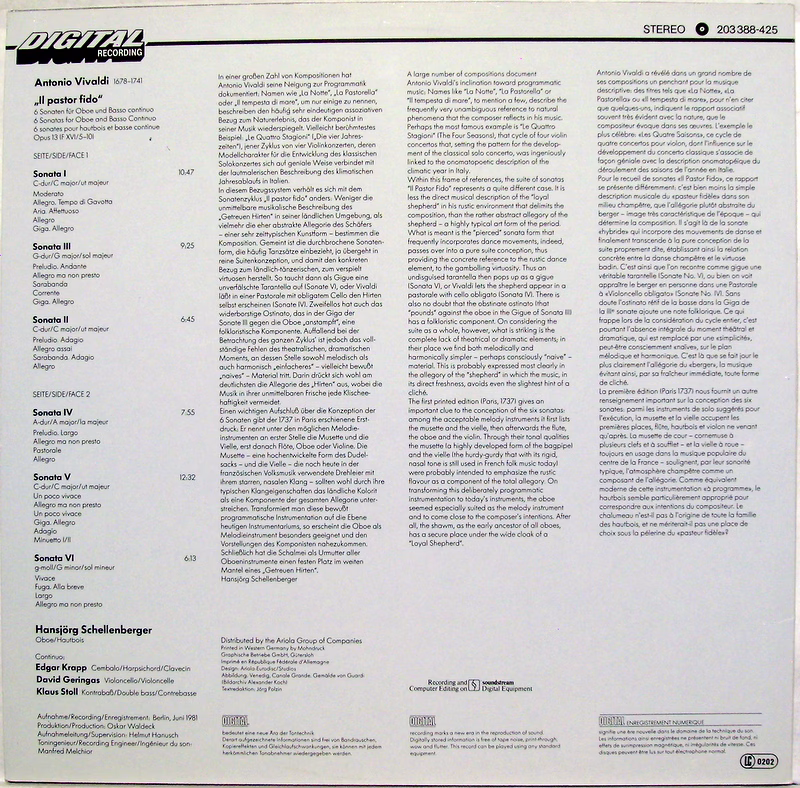Eurodisc 203 388-425 - Antonio Vivaldi, Hansjörg Schellenberger, - Image 2