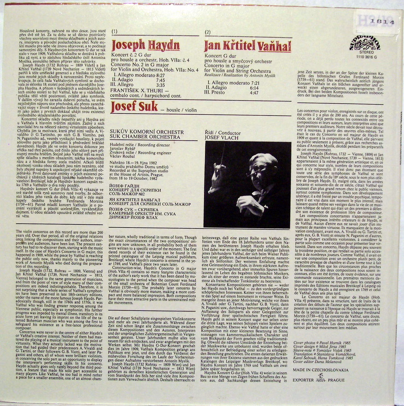 Supraphon 1110 3616 G - Joseph Haydn, Johann Baptist Vanhal, Jos - Image 2
