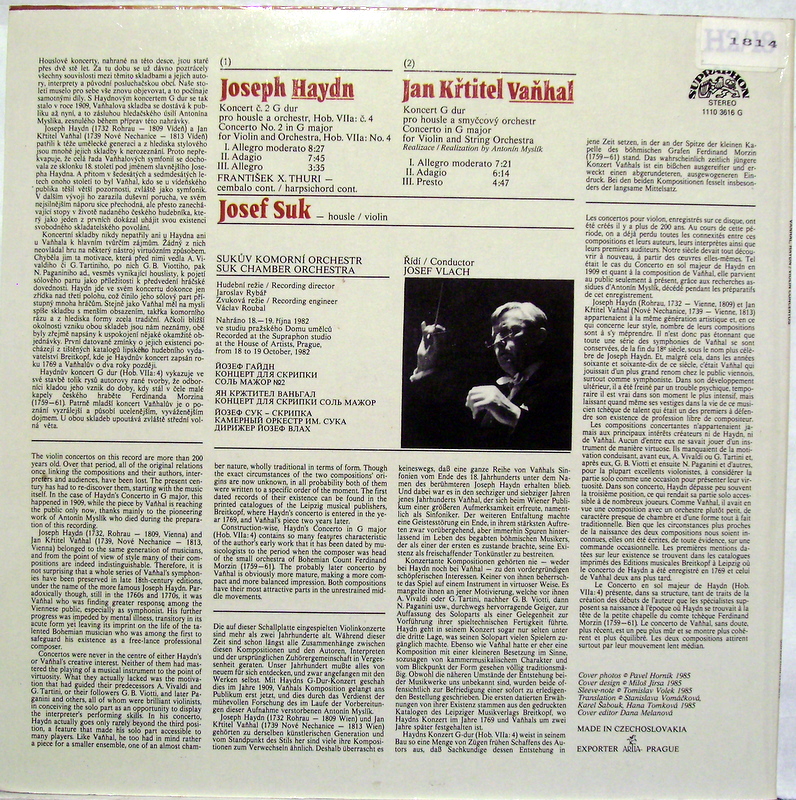 Supraphon 1110 3616 G - Joseph Haydn, Johann Baptist Vanhal, Jos - Image 2