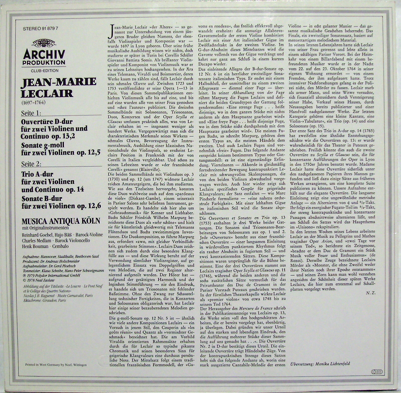 Archiv Produktion 91 879 7 - Jean-Marie Leclair, Musica Antiqua - Image 2
