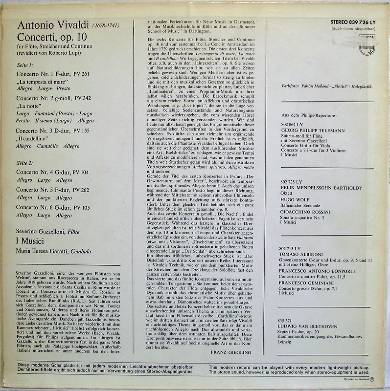 Philips 839.726 - Antonio Vivaldi, I Musici, Severino Gazzelloni - Image 2
