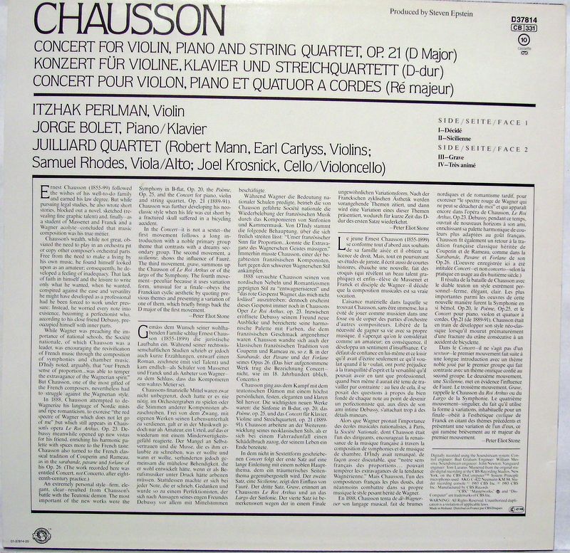 CBS Masterworks D37814 - Itzhak Perlman, Jorge Bolet, Juilliard - Image 4