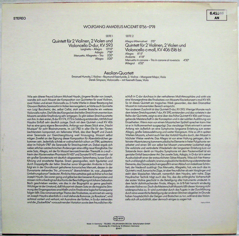DECCA 6.42346 - Wolfgang Amadeus Mozart, Aeolian String Quartet, - Image 2