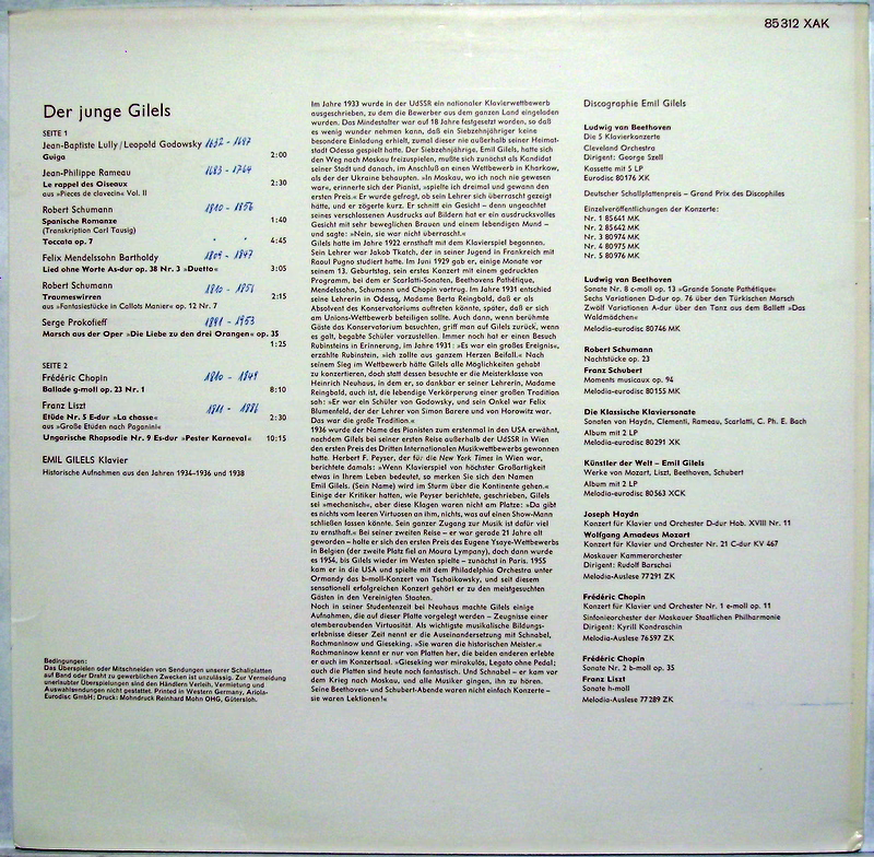Eurodisc 85 312 XAK - Emil Gilels - Der Junge Gilels - Aufnahmen - Image 2