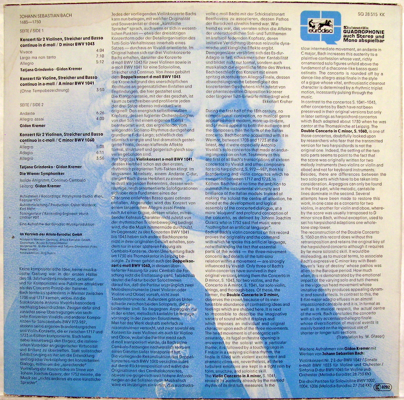 Eurodisc 28 515 KK - Johann Sebastian Bach, Gidon Kremer, Tatian - Image 2