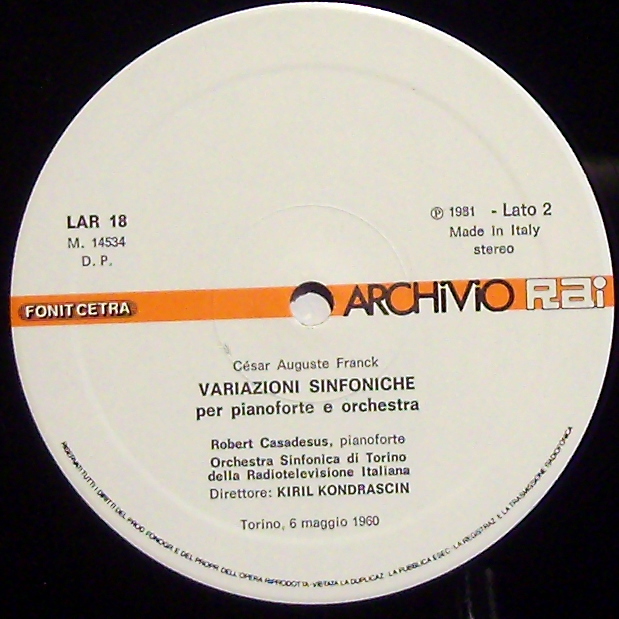 Fonit Cetra LAR 18 - César Franck, Robert Casadesus, Kiril Kondr - Image 3