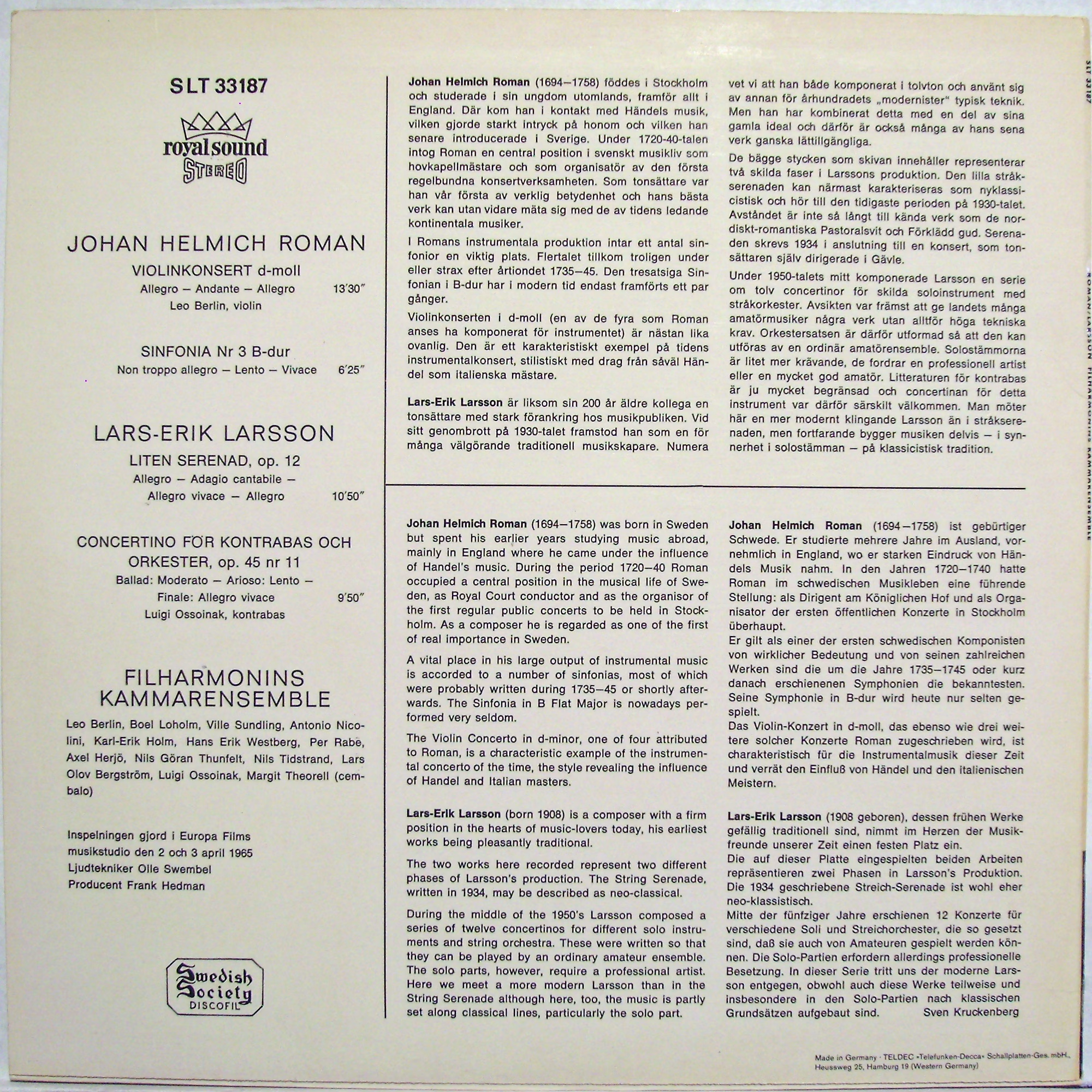 Swedish Society Discofil SLT 33187 - Johan Helmich Roman, Lars-E - Image 2