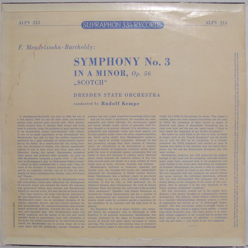 Supraphon LPV 213 - Felix Mendelssohn-Bartholdy, Staatskapelle D - Image 2