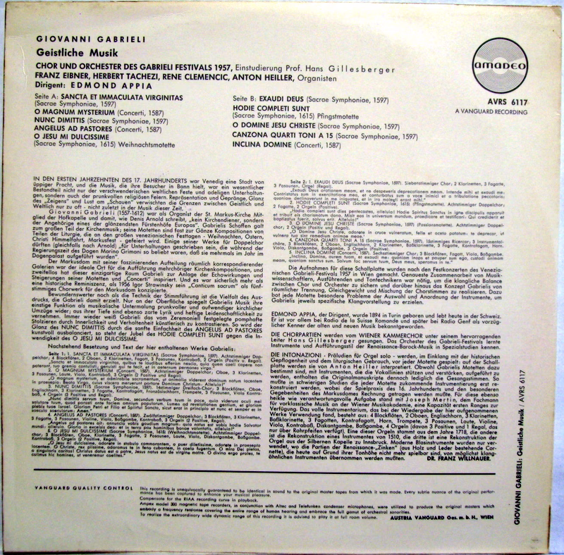 Amadeo AVRS 6117 - Giovanni Gabrieli, Choirs and Orchestra of th - Image 3