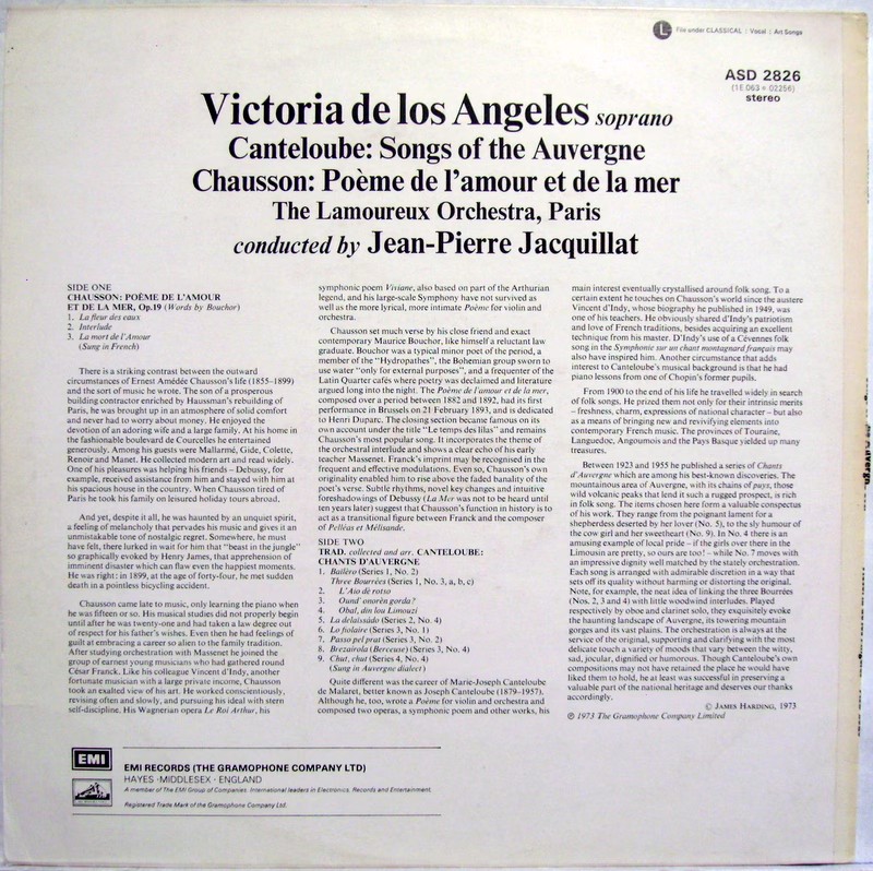 His Master's Voice ASD 2826 - Joseph Canteloube, Ernest Chausson - Image 2