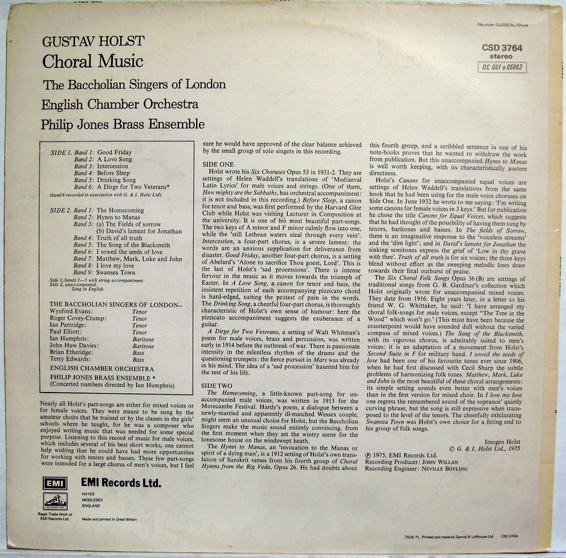 His Master's Voice CSD 3764 - Gustav Holst, The Baccholian Singe - Image 2