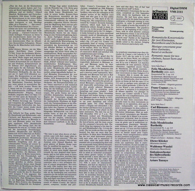 Schwann Musica Mundi VMS 2111 - Felix Mendelssohn-Bartholdy, Fra - Image 2