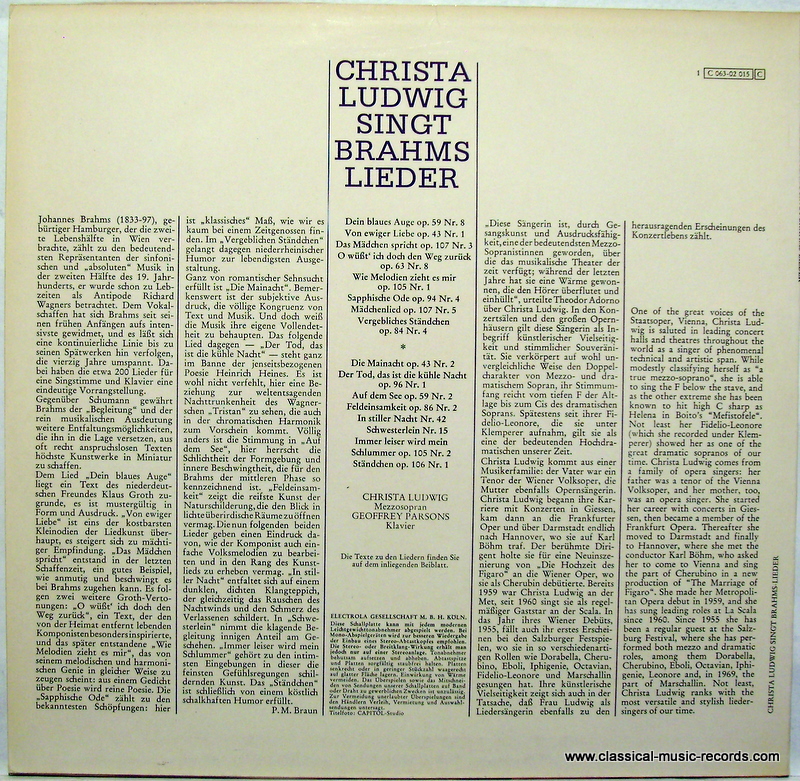 His Master's Voice 1C 063-02 015 - Johannes Brahms, Christa Ludw - Image 2