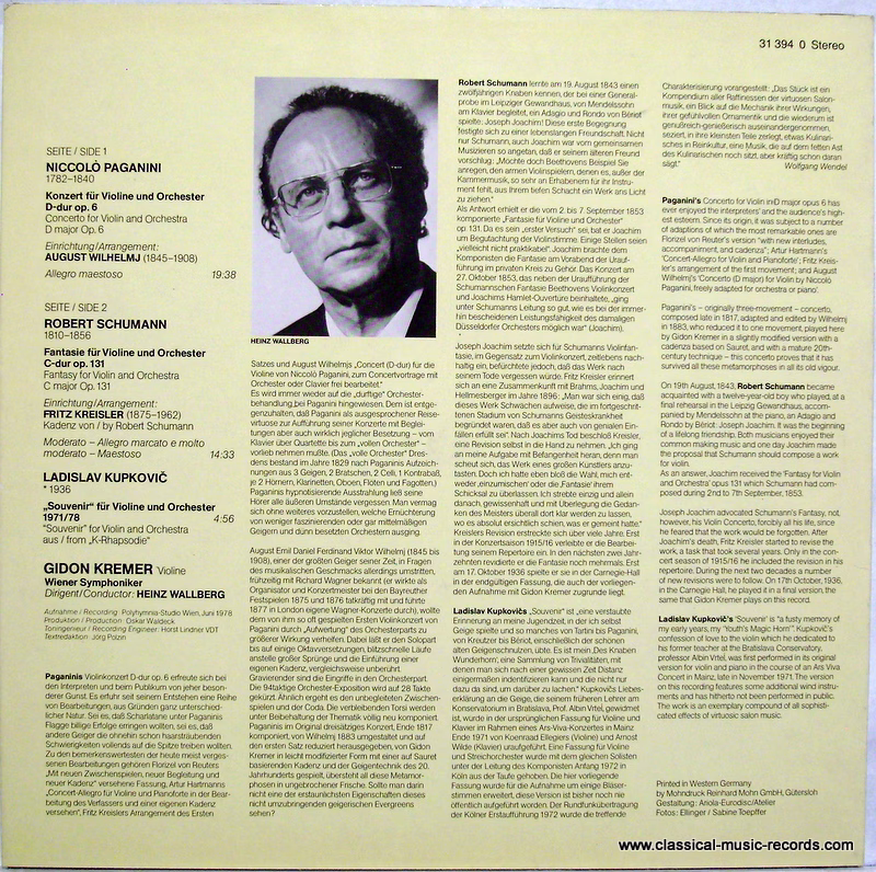 Eurodisc 31 394 0 - Gidon Kremer, Wiener Symphoniker, Heinz Wall - Image 2