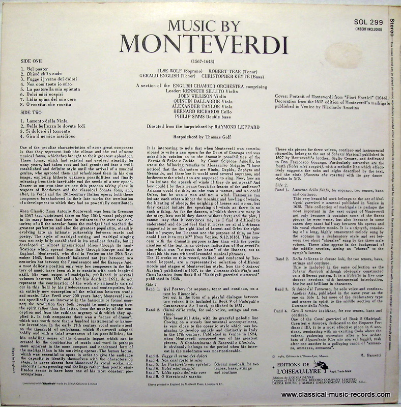 L'Oiseau-Lyre SOL 299 - Claudio Monteverdi, Ilse Wolf, Robert Te - Image 2