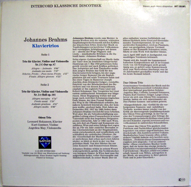 Saphir INT 120.903 - Johannes Brahms, Odeon Trio - Klaviertrios - Image 2